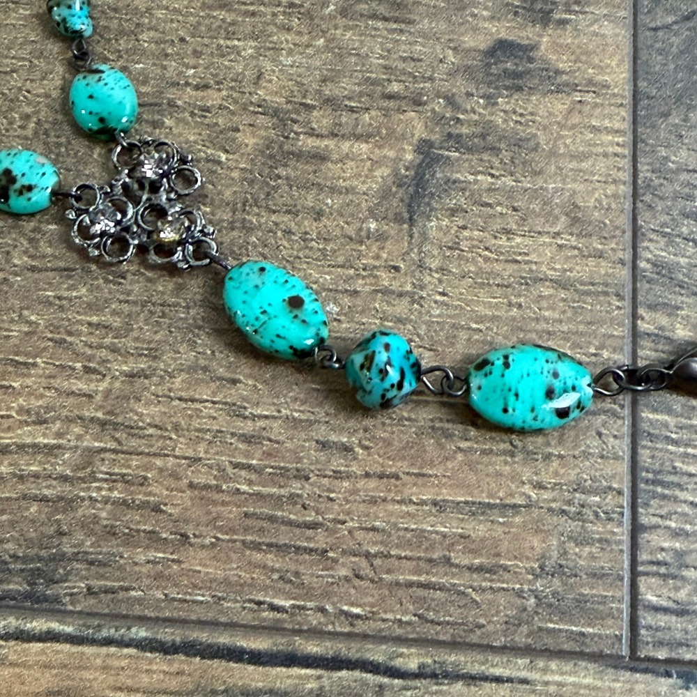 Turquoise Stone Black Leather Chain Belt Rhinestone Drop Size M/L - Picture 2 of 15